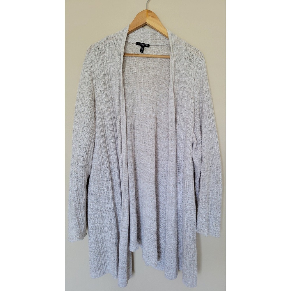 Eileen Fisher Woman Organic Linen Open Front Knit Cardigan 2XL 3/4 Sleeve READ